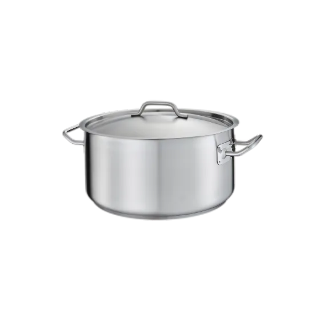 19-quart stainless steel brazier stanton trading with a handled cover. It features an induction-ready, 3-ply bottom made of 18/8 stainless steel with an aluminum core, ensuring even heat distribution. The sturdy side handles allow for easy handling, making it ideal for braising, slow-cooking, and simmering.