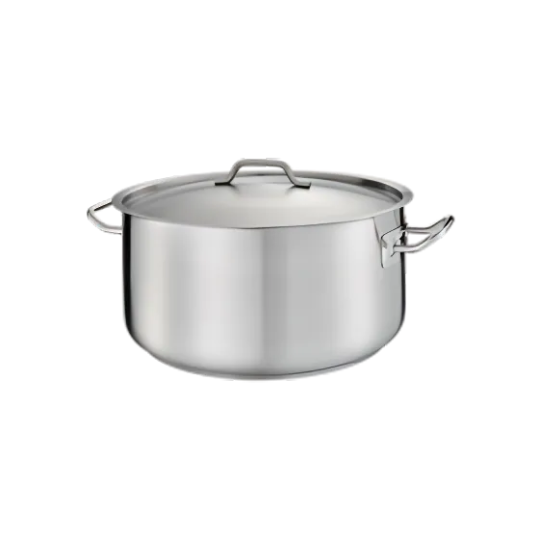 26.5-quart stainless steel brazier stanton trading with a handled cover. It features an induction-ready, 3-ply bottom made of 18/8 stainless steel with an aluminum core, ensuring even heat distribution. The sturdy side handles allow for easy handling, making it ideal for braising, slow-cooking, and simmering.