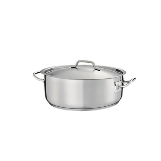 7-quart stainless steel brazier stanton trading with a handled cover. It features an induction-ready, 3-ply bottom made of 18/8 stainless steel with an aluminum core, ensuring even heat distribution. The sturdy side handles allow for easy handling, making it ideal for braising, slow-cooking, and simmering.