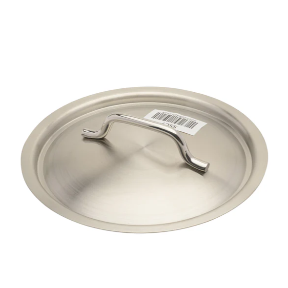 11 inch stainless steel cover stanton trading with a sturdy, curved handle for easy lifting. Made from durable 18/8 stainless steel, this lid offers a sleek and polished finish, designed for a secure fit on compatible cookware while providing excellent heat retention.