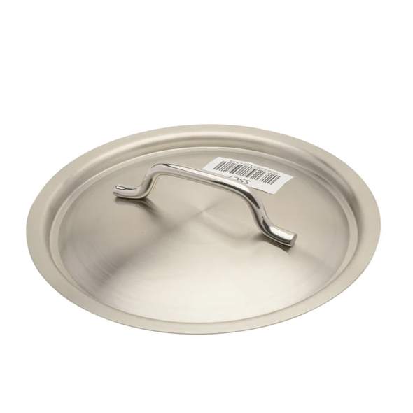 14-1/4 inch stainless steel cover stanton trading with a sturdy, curved handle for easy lifting. Made from durable 18/8 stainless steel, this lid offers a sleek and polished finish, designed for a secure fit on compatible cookware while providing excellent heat retention.