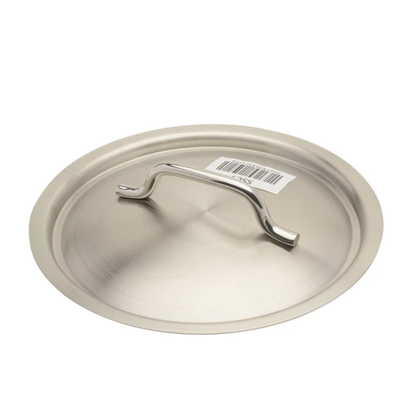 15-3/4 inch stainless steel cover stanton trading with a sturdy, curved handle for easy lifting. Made from durable 18/8 stainless steel, this lid offers a sleek and polished finish, designed for a secure fit on compatible cookware while providing excellent heat retention.