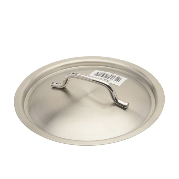 6-1/4 inch stainless steel cover stanton trading with a sturdy, curved handle for easy lifting. Made from durable 18/8 stainless steel, this lid offers a sleek and polished finish, designed for a secure fit on compatible cookware while providing excellent heat retention.
