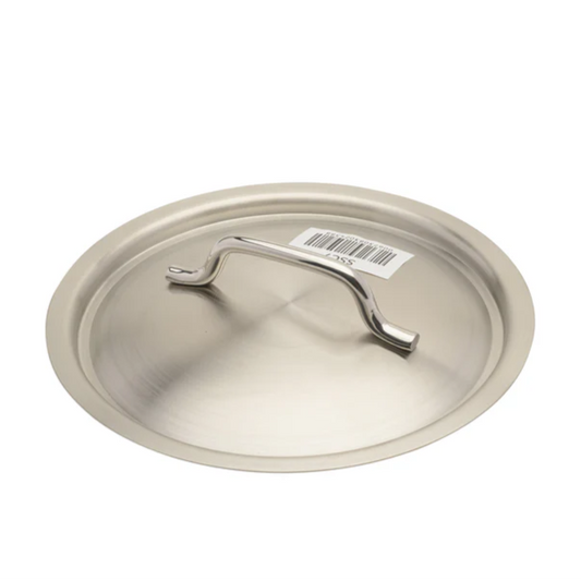 6-1/4 inch stainless steel cover stanton trading with a sturdy, curved handle for easy lifting. Made from durable 18/8 stainless steel, this lid offers a sleek and polished finish, designed for a secure fit on compatible cookware while providing excellent heat retention.