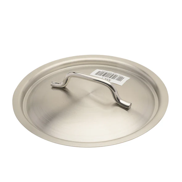 7-1/8 inch stainless steel cover stanton trading with a sturdy, curved handle for easy lifting. Made from durable 18/8 stainless steel, this lid offers a sleek and polished finish, designed for a secure fit on compatible cookware while providing excellent heat retention.