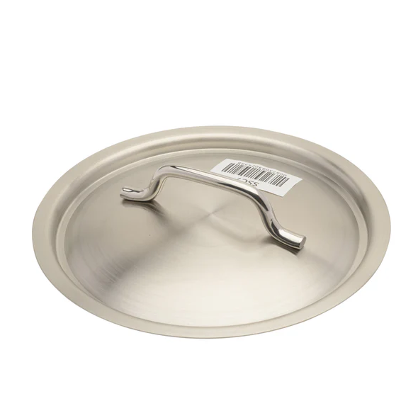 7-7/8 inch stainless steel cover stanton trading with a sturdy, curved handle for easy lifting. Made from durable 18/8 stainless steel, this lid offers a sleek and polished finish, designed for a secure fit on compatible cookware while providing excellent heat retention.
