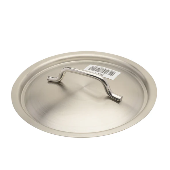 9-1/2 inch stainless steel cover stanton trading with a sturdy, curved handle for easy lifting. Made from durable 18/8 stainless steel, this lid offers a sleek and polished finish, designed for a secure fit on compatible cookware while providing excellent heat retention.