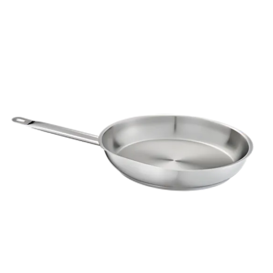 9-1/2 inch durable stainless steel fry pan stanton trading with an induction-ready, 3-ply bottom featuring an 18/8 stainless steel exterior and an aluminum core for optimal heat distribution. Designed with a sleek, ergonomic handle for comfortable grip and precise control, making it ideal for professional and home kitchens alike.