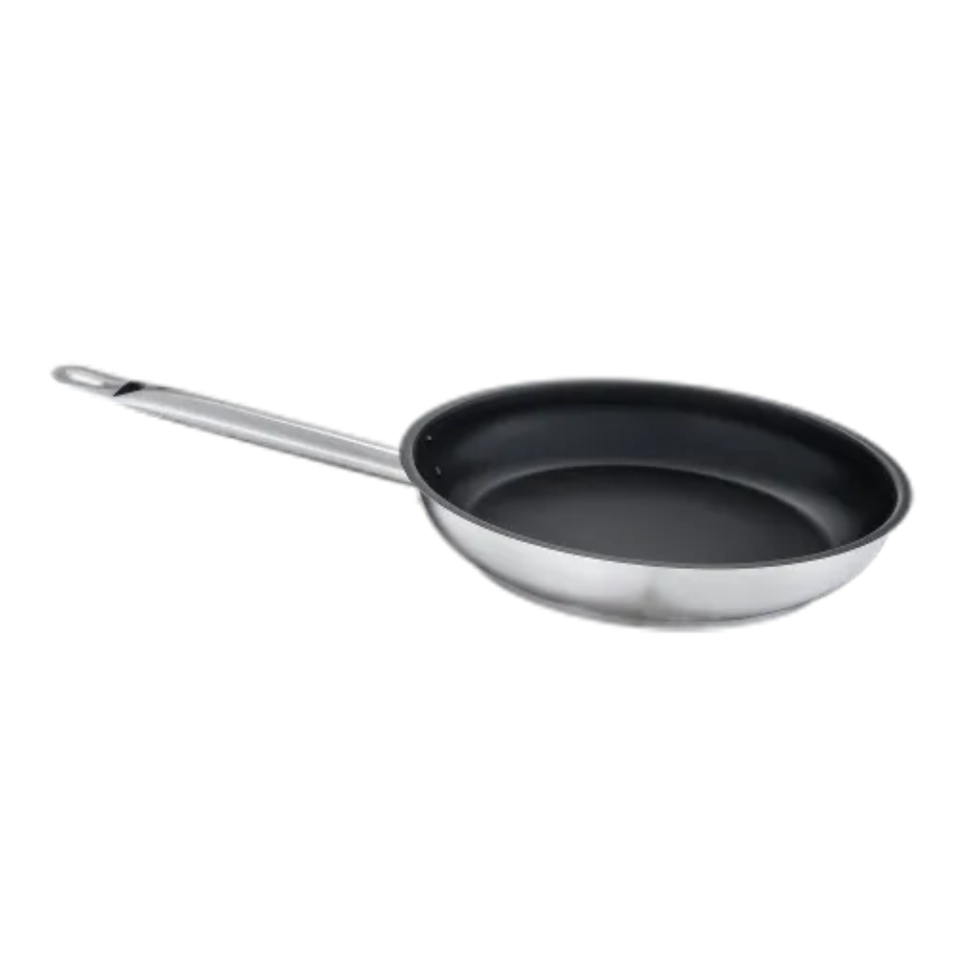 9-1/2 inch diameter non-stick fry pan stanton trading featuring an induction-ready 3-ply bottom. Crafted from durable 18/8 stainless steel with an aluminum core, it ensures even heat distribution. The sleek, ergonomic handle offers a comfortable grip, making it ideal for professional and home kitchens alike.