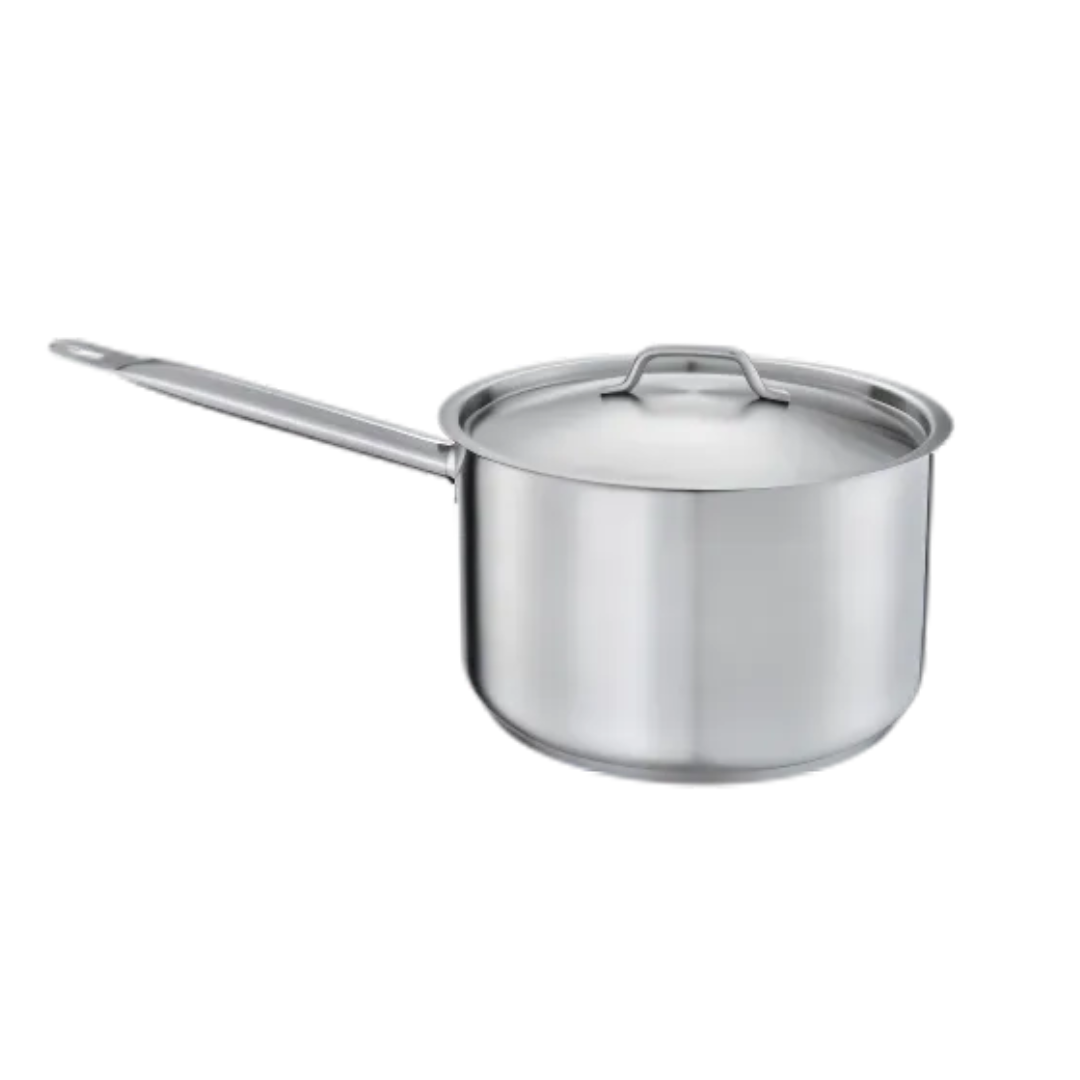 11.75-quart stainless steel sauce pan stanton trading with an induction-ready, 3-ply bottom for efficient heat distribution. Constructed with durable 18/8 stainless steel and an aluminum core, it includes a sturdy, ergonomic handle and a fitted lid with a sleek stainless steel grip, making it ideal for professional and home kitchens.