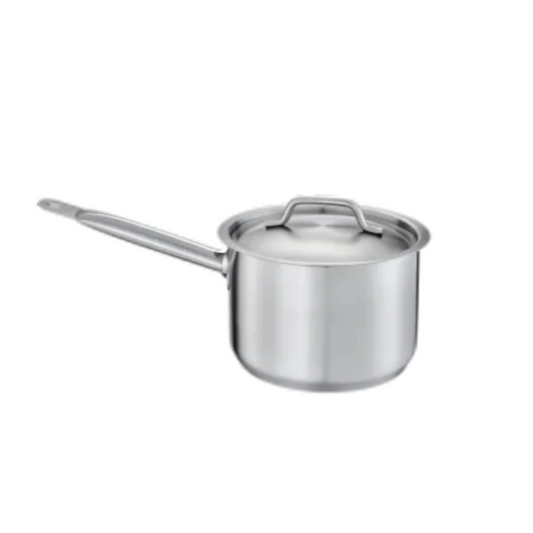 3.5-quart stainless steel sauce pan stanton trading with an induction-ready, 3-ply bottom for efficient heat distribution. Constructed with durable 18/8 stainless steel and an aluminum core, it includes a sturdy, ergonomic handle and a fitted lid with a sleek stainless steel grip, making it ideal for professional and home kitchens.