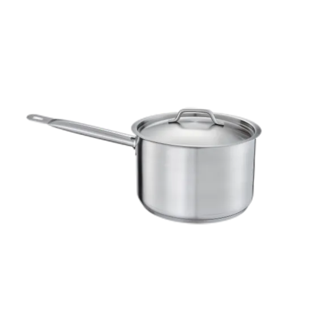 7.5-quart stainless steel sauce pan stanton trading with an induction-ready, 3-ply bottom for efficient heat distribution. Constructed with durable 18/8 stainless steel and an aluminum core, it includes a sturdy, ergonomic handle and a fitted lid with a sleek stainless steel grip, making it ideal for professional and home kitchens.