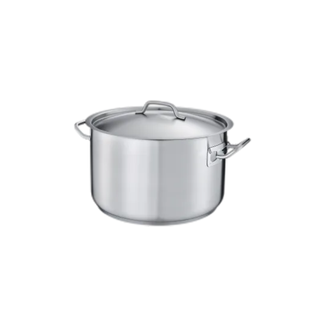 11-3/4 quart stainless steel sauce pot stanton trading with a handled cover. It features a 3-ply bottom made of 18/8 stainless steel with an aluminum core, making it induction-ready and ensuring even heat distribution. The sturdy side handles provide a secure grip for easy handling, making it ideal for soups, sauces, and slow-cooked dishes.
