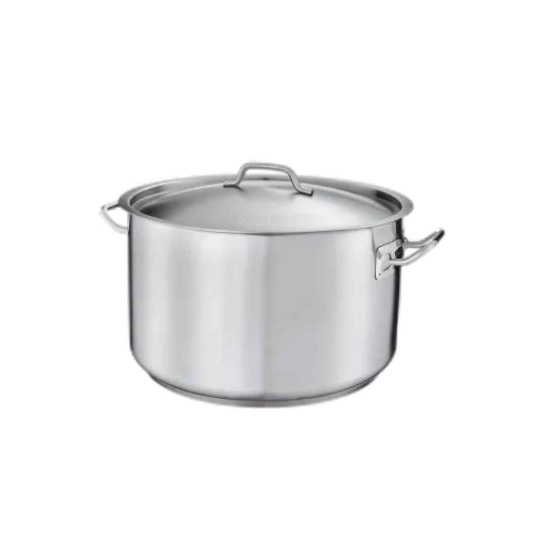 17-quart stainless steel sauce pot stanton trading with a handled cover. It features a 3-ply bottom made of 18/8 stainless steel with an aluminum core, making it induction-ready and ensuring even heat distribution. The sturdy side handles provide a secure grip for easy handling, making it ideal for soups, sauces, and slow-cooked dishes.