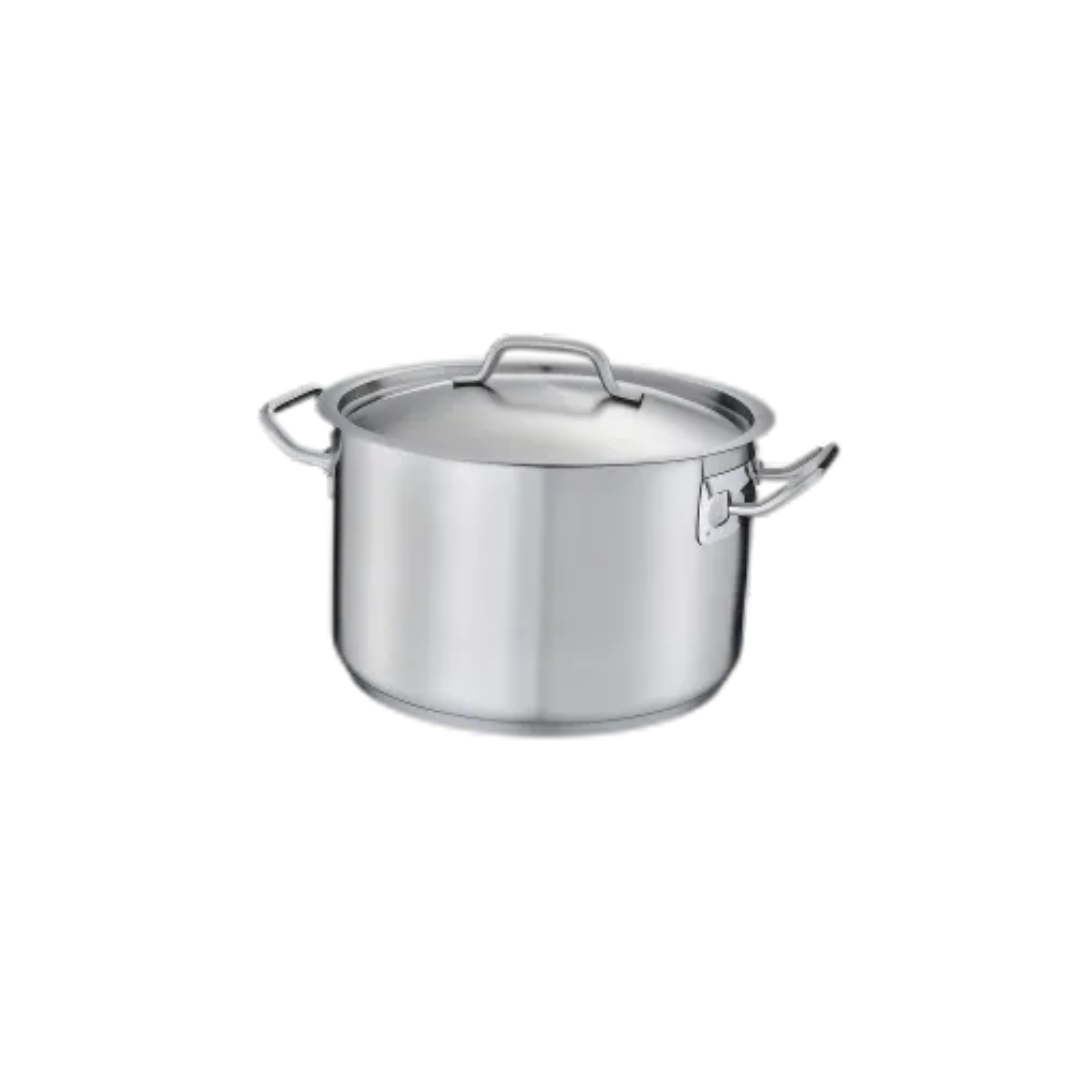 7-1/2 quart stainless steel sauce pot stanton trading with a handled cover. It features a 3-ply bottom made of 18/8 stainless steel with an aluminum core, making it induction-ready and ensuring even heat distribution. The sturdy side handles provide a secure grip for easy handling, making it ideal for soups, sauces, and slow-cooked dishes.