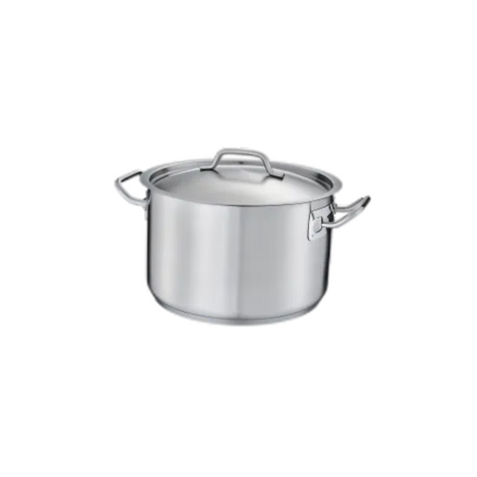 7-1/2 quart stainless steel sauce pot stanton trading with a handled cover. It features a 3-ply bottom made of 18/8 stainless steel with an aluminum core, making it induction-ready and ensuring even heat distribution. The sturdy side handles provide a secure grip for easy handling, making it ideal for soups, sauces, and slow-cooked dishes.