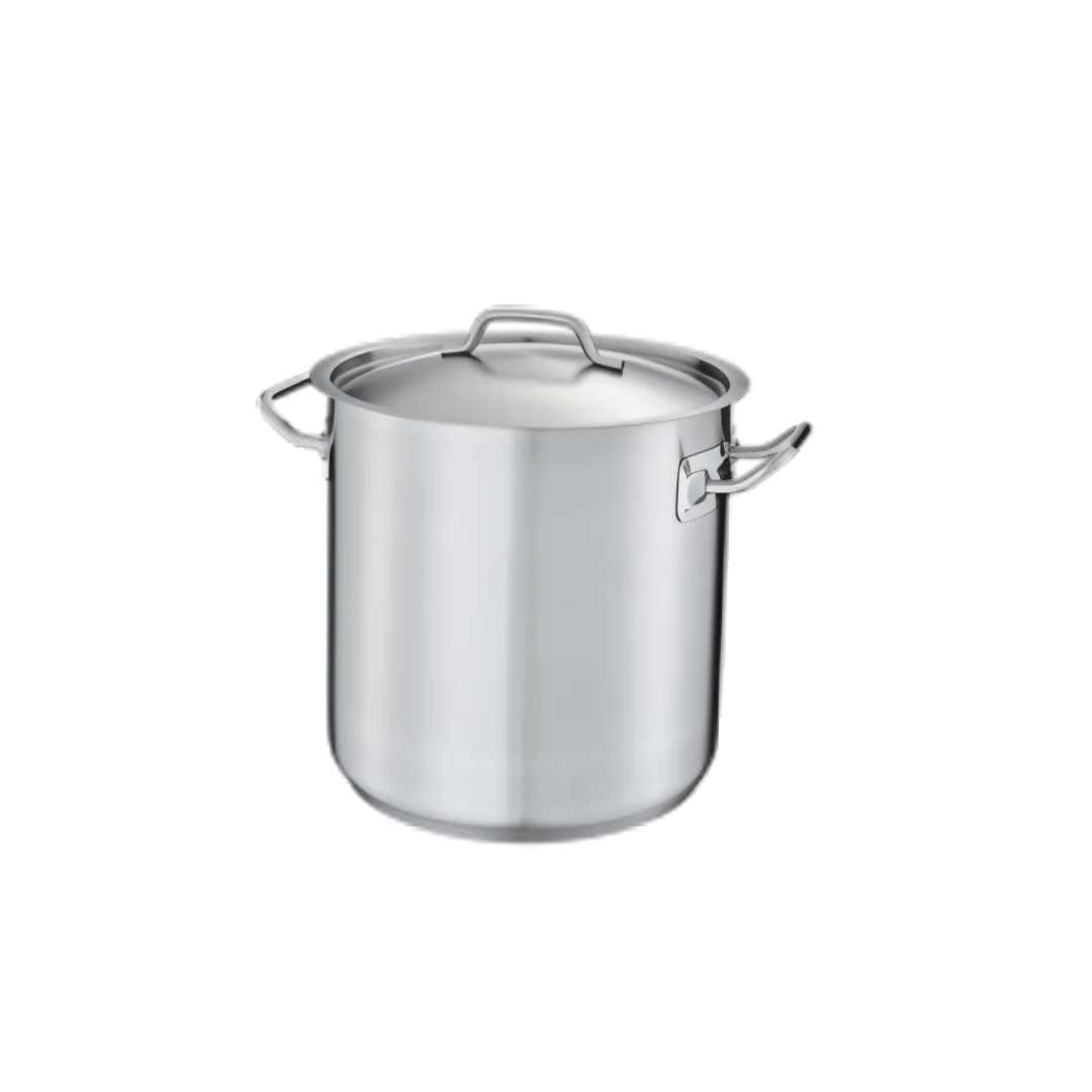 10-1/2 quart stainless steel stock pot stanton trading with a handled cover. It features a 3-ply bottom made of 18/8 stainless steel with an aluminum core, ensuring even heat distribution and making it induction-ready. The sturdy side handles provide a secure grip for safe handling, making it ideal for soups, stews, and boiling.