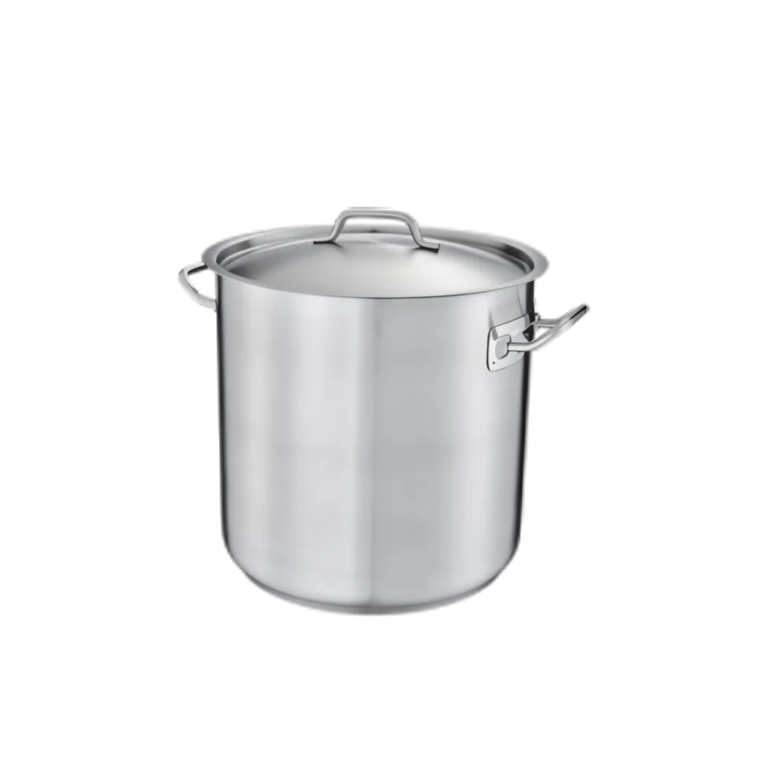 17-1/2 quart stainless steel stock pot stanton trading with a handled cover. It features a 3-ply bottom made of 18/8 stainless steel with an aluminum core, ensuring even heat distribution and making it induction-ready. The sturdy side handles provide a secure grip for safe handling, making it ideal for soups, stews, and boiling.