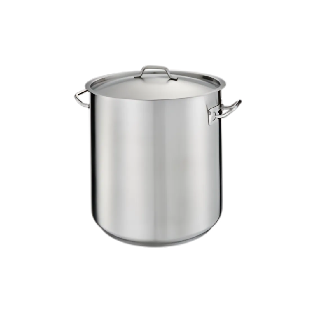 25-1/4 quart stainless steel stock pot stanton trading with a handled cover. It features a 3-ply bottom made of 18/8 stainless steel with an aluminum core, ensuring even heat distribution and making it induction-ready. The sturdy side handles provide a secure grip for safe handling, making it ideal for soups, stews, and boiling.