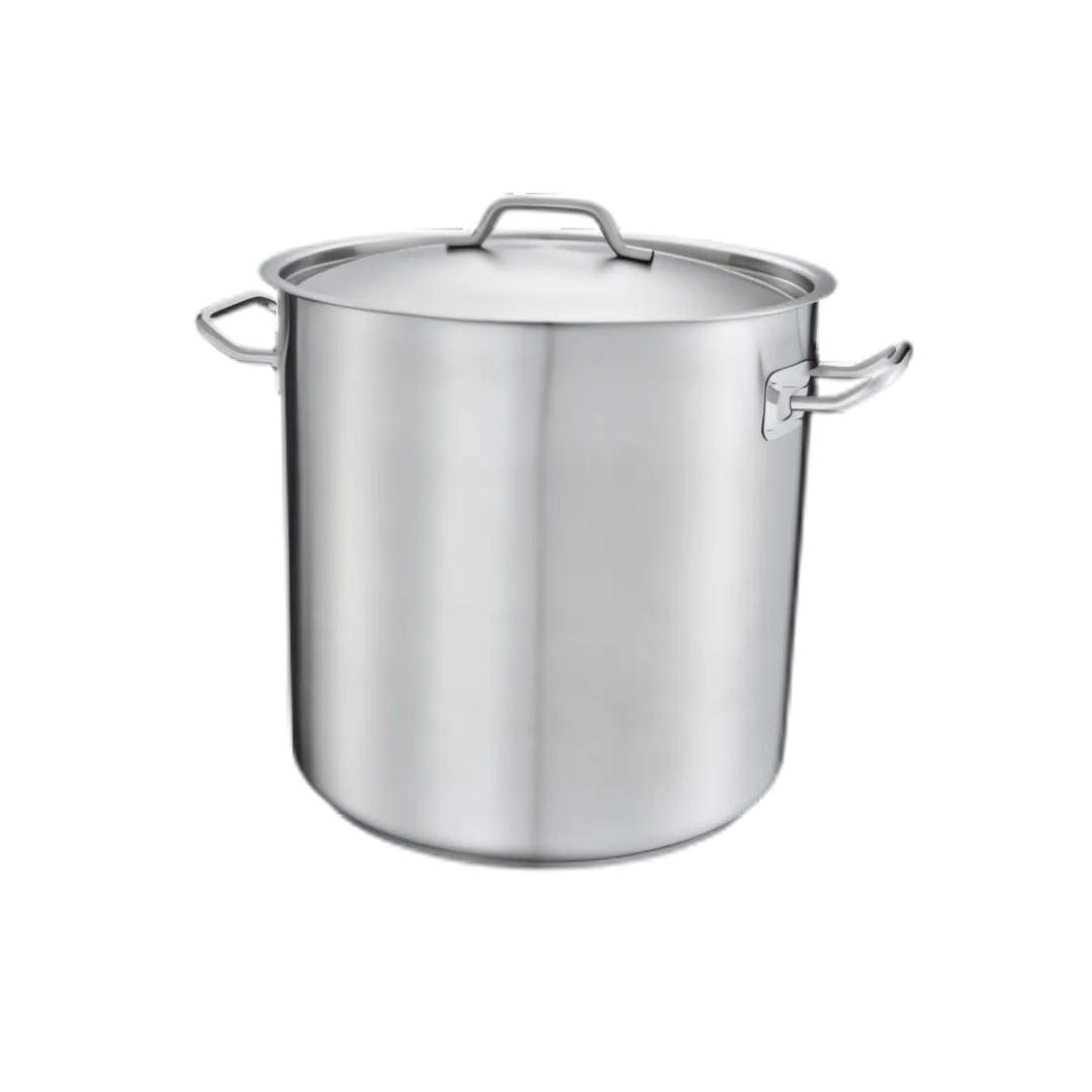 38 quart stainless steel stock pot stanton trading with a handled cover. It features a 3-ply bottom made of 18/8 stainless steel with an aluminum core, ensuring even heat distribution and making it induction-ready. The sturdy side handles provide a secure grip for safe handling, making it ideal for soups, stews, and boiling.