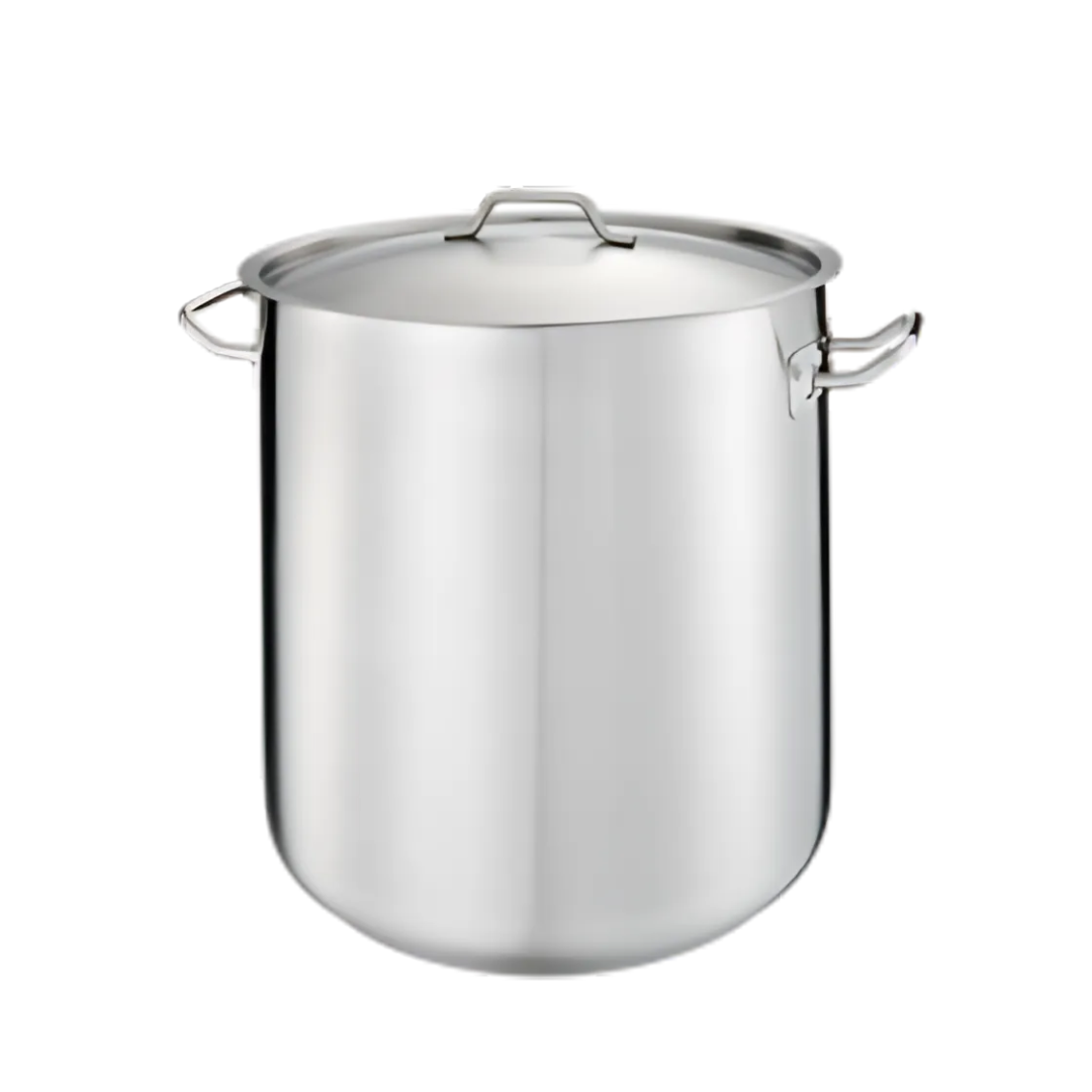 53 quart stainless steel stock pot stanton trading with a handled cover. It features a 3-ply bottom made of 18/8 stainless steel with an aluminum core, ensuring even heat distribution and making it induction-ready. The sturdy side handles provide a secure grip for safe handling, making it ideal for soups, stews, and boiling.