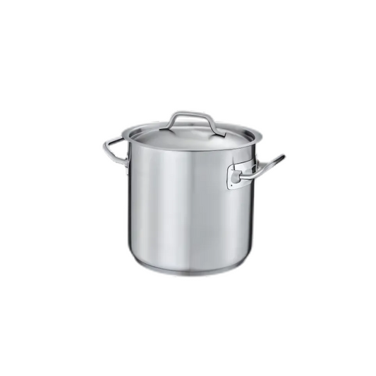 6-quart stainless steel stock pot stanton trading with a handled cover. It features a 3-ply bottom made of 18/8 stainless steel with an aluminum core, ensuring even heat distribution and making it induction-ready. The sturdy side handles provide a secure grip for safe handling, making it ideal for soups, stews, and boiling.