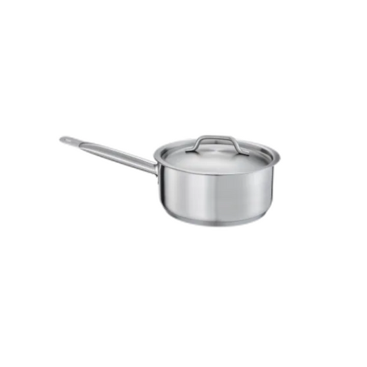 3.5-quart stainless steel sauté pan stanton trading with an induction-ready, 3-ply bottom featuring an aluminum core for superior heat distribution. Made from durable 18/8 stainless steel, it includes an ergonomic long handle for easy maneuverability and a matching handled lid for efficient cooking control. Ideal for professional and home kitchens alike.