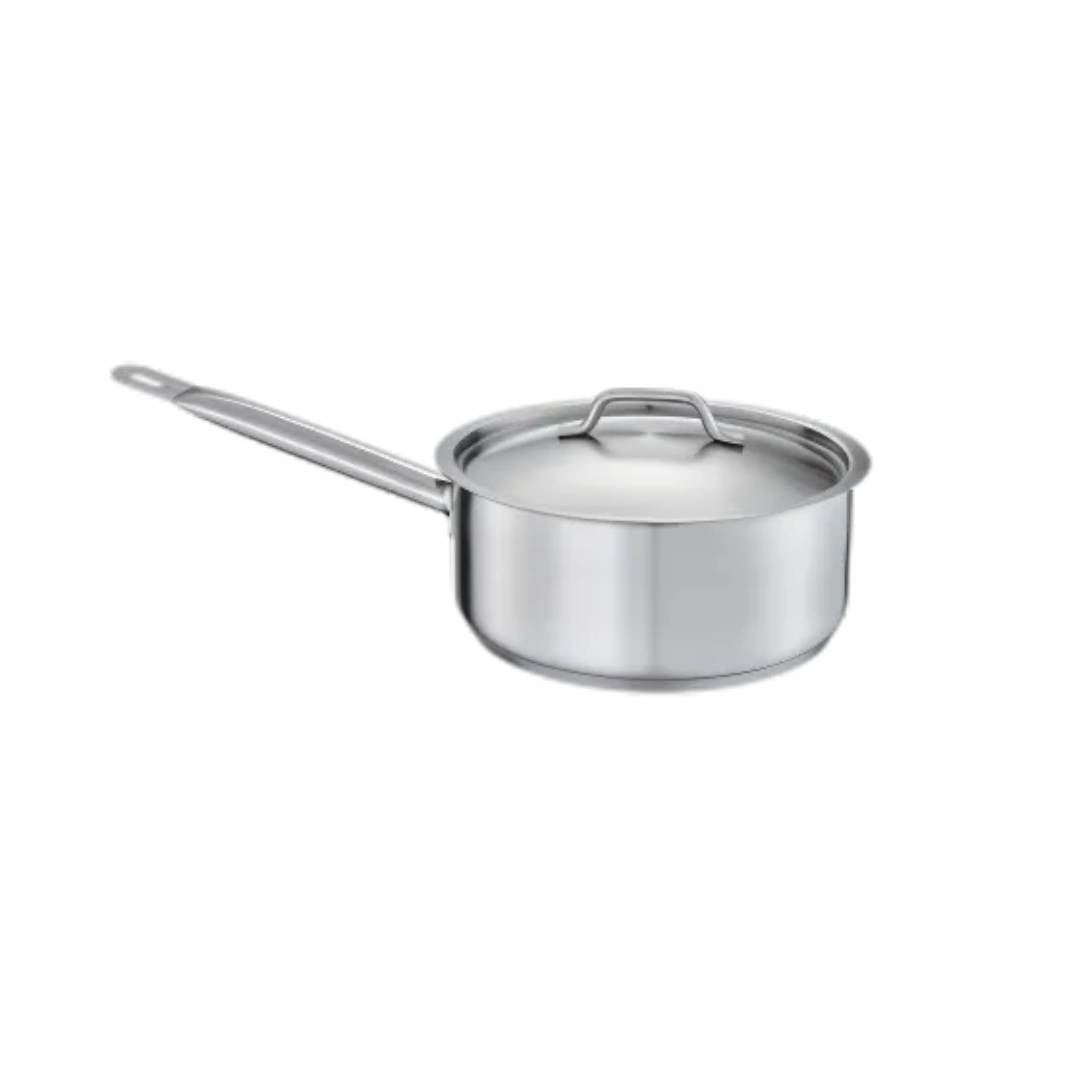 5.25-quart stainless steel sauté pan stanton trading with an induction-ready, 3-ply bottom featuring an aluminum core for superior heat distribution. Made from durable 18/8 stainless steel, it includes an ergonomic long handle for easy maneuverability and a matching handled lid for efficient cooking control. Ideal for professional and home kitchens alike.