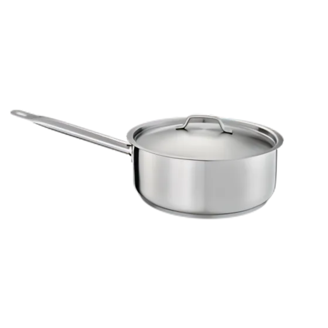 8.5-quart stainless steel sauté pan stanton trading with an induction-ready, 3-ply bottom featuring an aluminum core for superior heat distribution. Made from durable 18/8 stainless steel, it includes an ergonomic long handle for easy maneuverability and a matching handled lid for efficient cooking control. Ideal for professional and home kitchens alike.