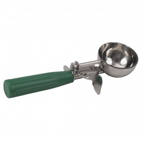 #12 green handle ice cream disher stanton trading with a stainless steel bowl, features a thumb-operated lever for easy scooping and portion control. NSF certified for food safety and durability. Ideal for serving ice cream, mashed potatoes, and other soft foods.