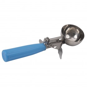 #16 blue handle ice cream disher stanton trading with a stainless steel bowl, features a thumb-operated lever for easy scooping and portion control. NSF certified for food safety and durability. Ideal for serving ice cream, mashed potatoes, and other soft foods.