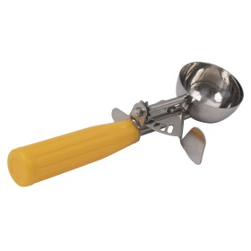 #20 yellow handle ice cream disher stanton trading with a stainless steel bowl, features a thumb-operated lever for easy scooping and portion control. NSF certified for food safety and durability. Ideal for serving ice cream, mashed potatoes, and other soft foods.