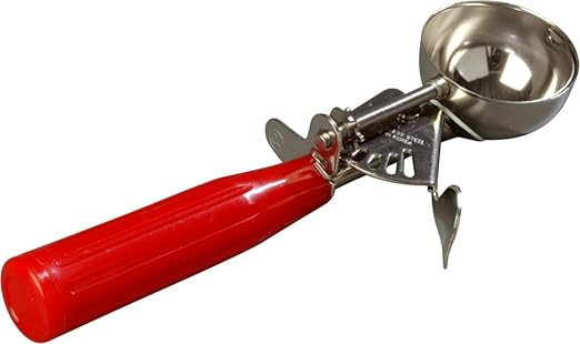 #24 red handle ice cream disher stanton trading with a stainless steel bowl, features a thumb-operated lever for easy scooping and portion control. NSF certified for food safety and durability. Ideal for serving ice cream, mashed potatoes, and other soft foods.