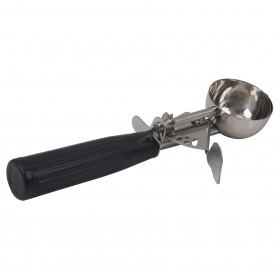 #30 black handle ice cream disher stanton trading with a stainless steel bowl, features a thumb-operated lever for easy scooping and portion control. NSF certified for food safety and durability. Ideal for serving ice cream, mashed potatoes, and other soft foods.