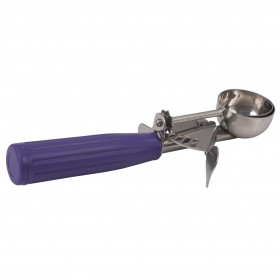 #40 purple handle ice cream disher stanton trading with a stainless steel bowl, features a thumb-operated lever for easy scooping and portion control. NSF certified for food safety and durability. Ideal for serving ice cream, mashed potatoes, and other soft foods.