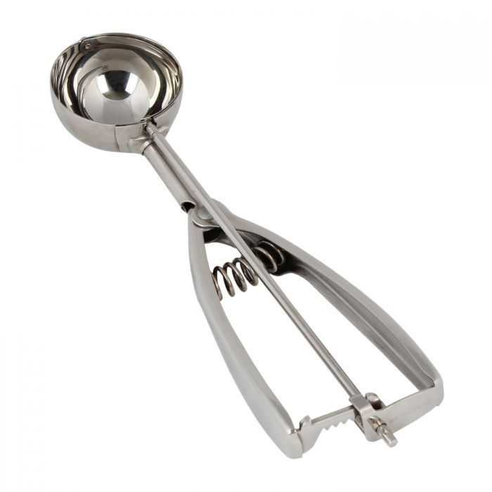 size #24, 1-3/4 oz. stainless steel disher stanton trading with a round, ambidextrous squeeze handle for easy one-handed use. Designed for portion control and scooping soft foods like ice cream, mashed potatoes, and cookie dough. Durable and easy to clean.