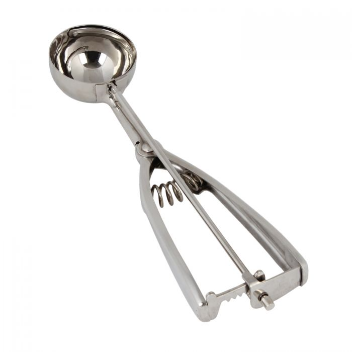 size #30, 1-1/4 oz. stainless steel disher stanton trading with a round, ambidextrous squeeze handle for easy one-handed use. Designed for portion control and scooping soft foods like ice cream, mashed potatoes, and cookie dough. Durable and easy to clean.