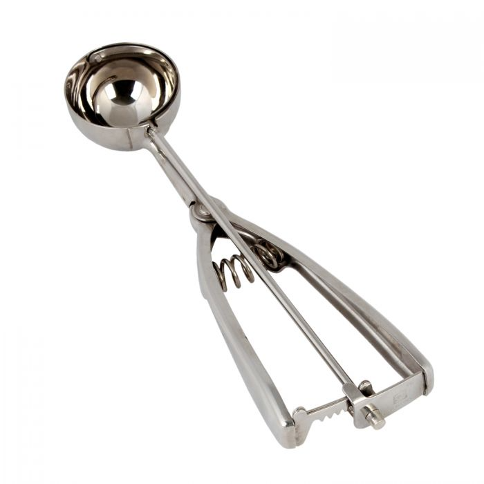 size #40, 7/8 oz. stainless steel disher stanton trading with a round, ambidextrous squeeze handle for easy one-handed use. Designed for portion control and scooping soft foods like ice cream, mashed potatoes, and cookie dough. Durable and easy to clean.