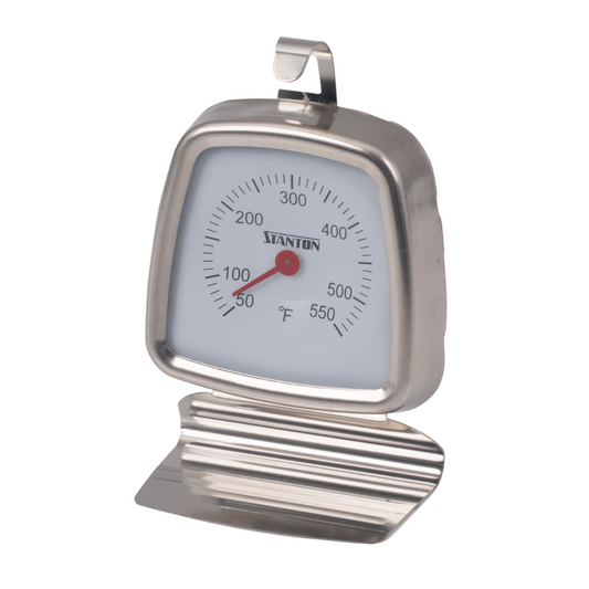 stainless steel oven thermometer stanton trading with a temperature range of 50 to 550°f, featuring a clear dial for easy reading and a versatile stand or hook design for convenient placement.