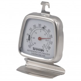 dial-style refrigerator-freezer thermometer stanton trading with a temperature range of -20 to 85° f (-30 to 30° c), featuring a stainless steel frame, easy-to-read display, and a versatile hook and base for hanging or standing placement.