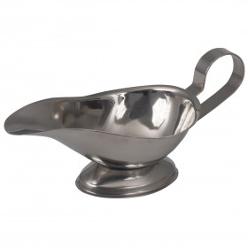 3 oz. stainless steel gravy boat stanton trading featuring a welded handle and foot for durability and stability. The polished stainless steel finish provides an elegant and professional look, making it ideal for serving gravies, sauces, and dressings in both casual and fine dining settings. Its spouted design ensures smooth pouring with minimal mess.