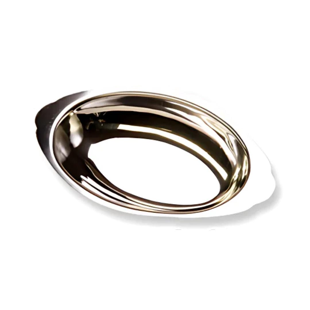 8 oz. oval au gratin dish stanton tarding measuring 6" in length, crafted from stainless steel with a mirror finish. Ideal for serving baked dishes with a stylish and durable presentation.