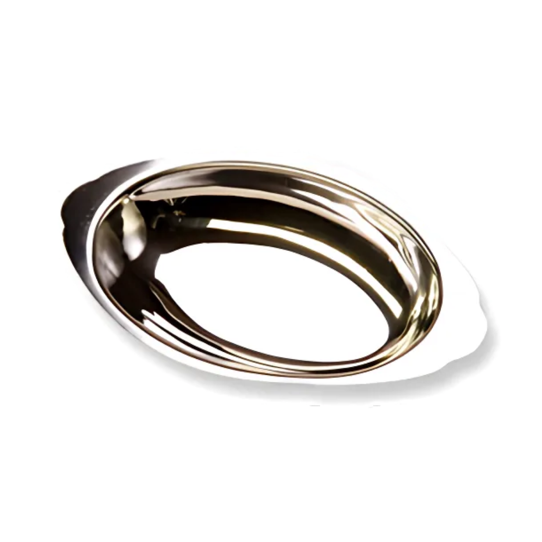20 oz. oval au gratin dish stanton trading, measuring 11" in length, crafted from stainless steel with a sleek mirror finish. Ideal for baking and serving dishes with a stylish and professional presentation.