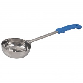 8 oz. perforated portioner stanton trading with a stainless steel scoop and a blue ergonomic handle, designed for precise serving and draining of liquids.