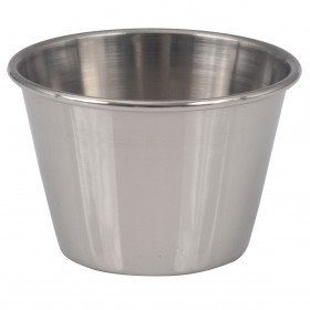2.5-ounce stainless steel stanton trading- sauce cup with a high-polished finish. This small but durable cup is ideal for serving sauces, condiments, dressings, or dips in restaurants and food service settings. Typically sold in packs of 12, it offers a sleek and professional look while being easy to clean and resistant to corrosion.