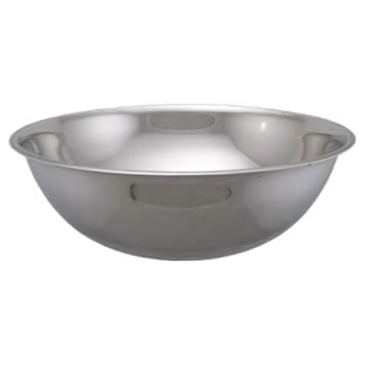 13 qt. stainless steel mixing bowl stanton trading, with a 16-1/4" diameter and a polished, reflective surface, deep, rounded design for efficient mixing. Its slightly flared rim ensures a secure grip. Ideal for commercial and home kitchen use.
