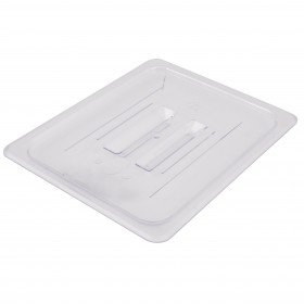 half-size food pan lid stanton trading, clear polycarbonate for visibility, flat design for secure fit and freshness, ideal for home or commercial kitchens, buffets, and catering.