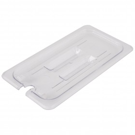 half-size food pan lid stanton trading features a flat design with a notch for utensil access. Made from clear polycarbonate, it offers excellent durability and visibility, making it ideal for maintaining food freshness in commercial kitchens, buffets, and catering.