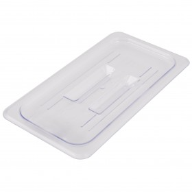 third-size food pan lid stanton trading, clear polycarbonate for visibility, flat design for secure fit and freshness, ideal for home or commercial kitchens, buffets, and catering.