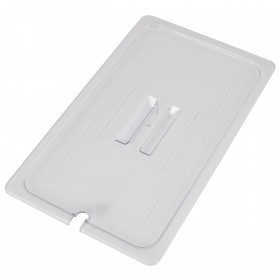 full-size food pan lid stanton trading features a flat design with a notch for utensil access. Made from clear polycarbonate, it offers excellent durability and visibility, making it ideal for maintaining food freshness in commercial kitchens, buffets, and catering.